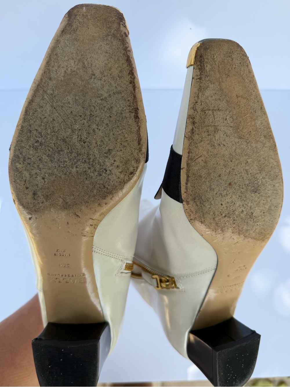 Bally Cream Leather Ankle Boots with Black Strap and Gold Toe Cap - Picture 5 of 5